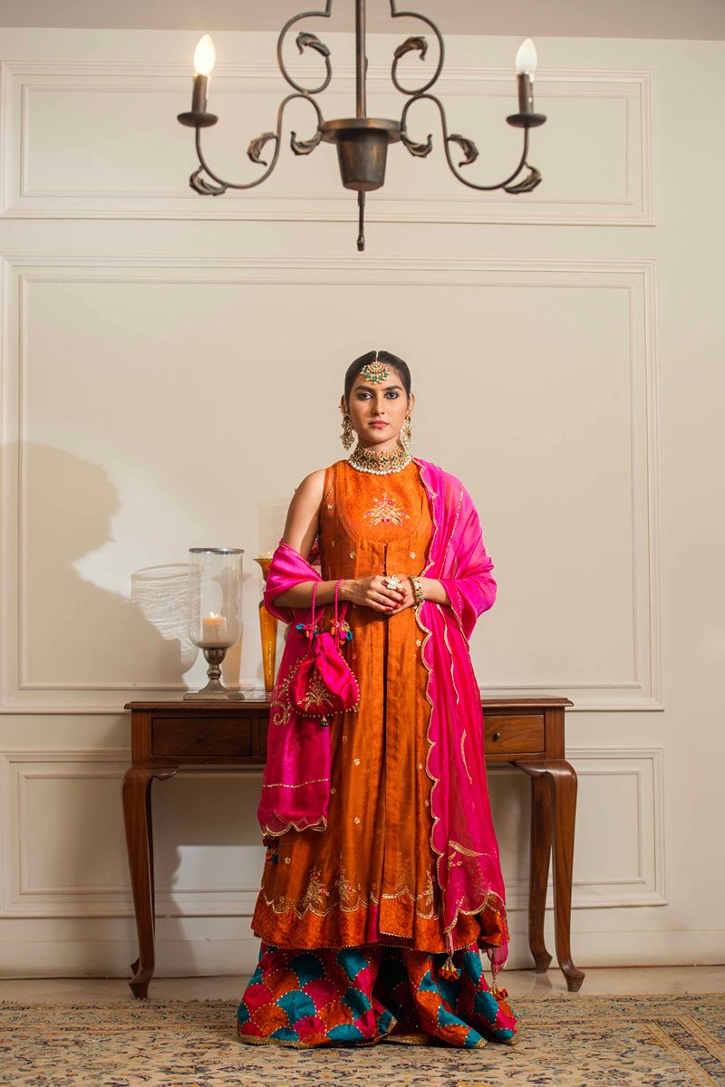 Yasmin Zaman - Tabitha - Silk Jamawar & Katan Net- Rust & Pink- 3 Piece