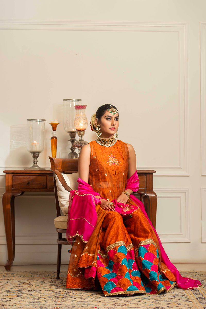 Yasmin Zaman - Tabitha - Silk Jamawar & Katan Net- Rust & Pink- 3 Piece