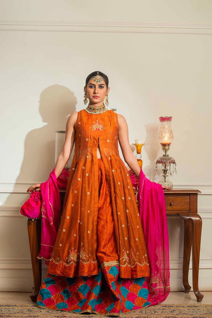 Yasmin Zaman - Tabitha - Silk Jamawar & Katan Net- Rust & Pink- 3 Piece