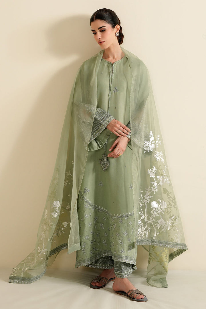 Cross Stitch - Raw Silk Silver Sage Suit For Women - Green - 3 Piece - Studio by TCS