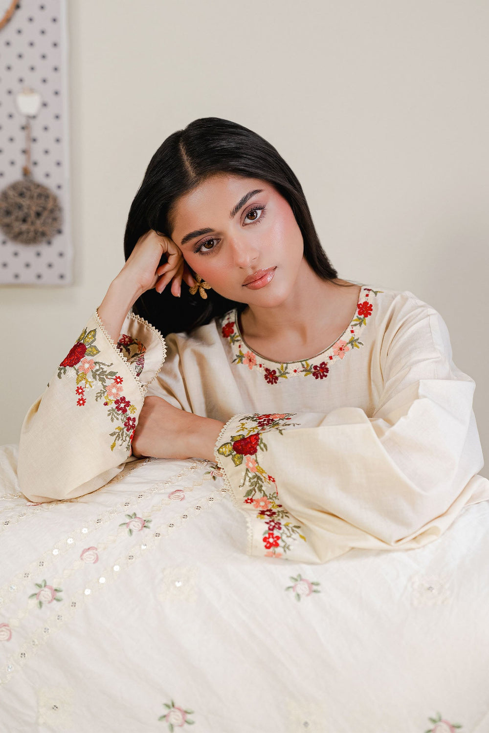 Cross Stitch - Beige Blossom Cambric Suit For Women - Beige - 2 Piece - Studio by TCS