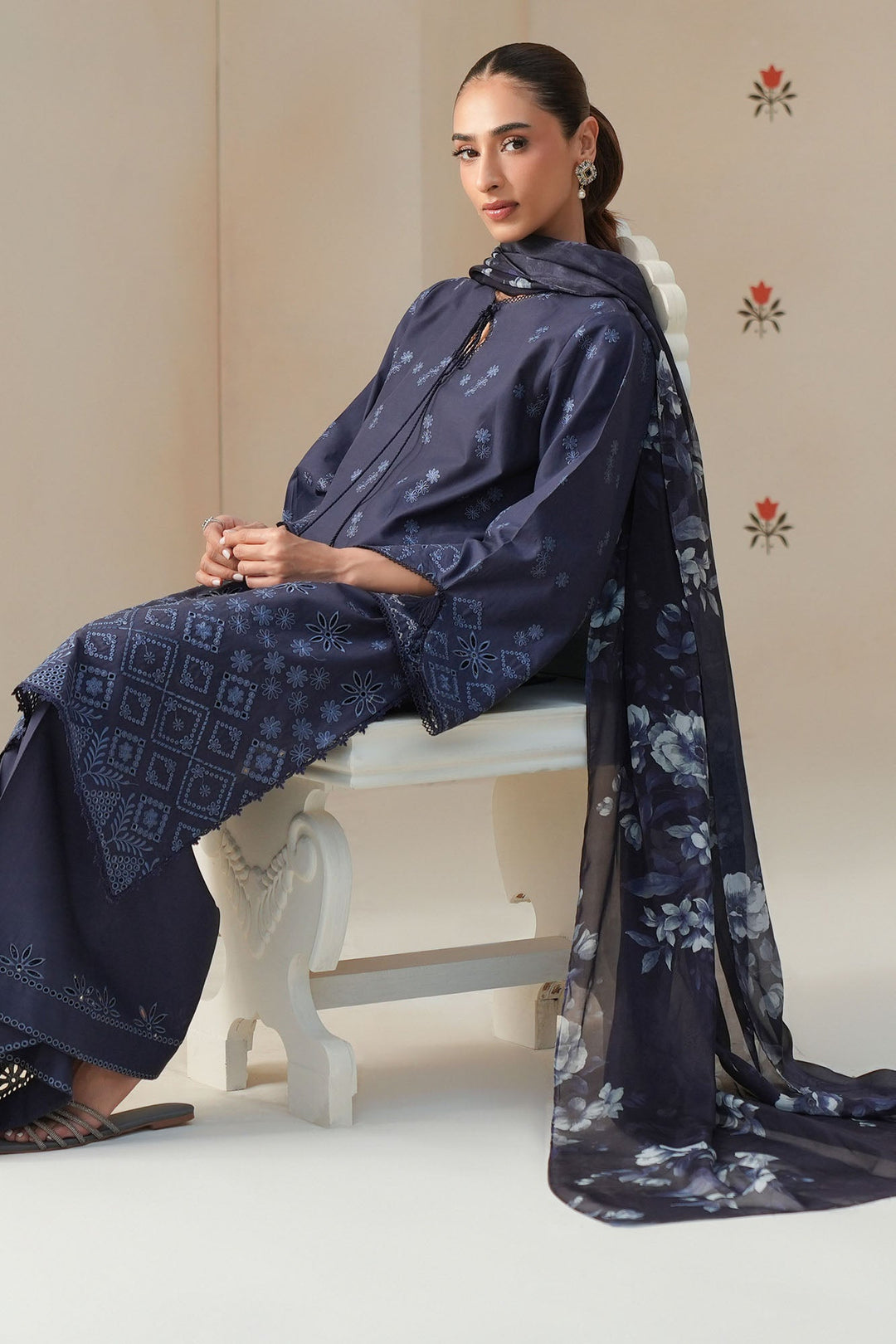 Cross Stitch - Blue Floret Chikankari Lawn Unstitch Suit For Women - 3 Piece