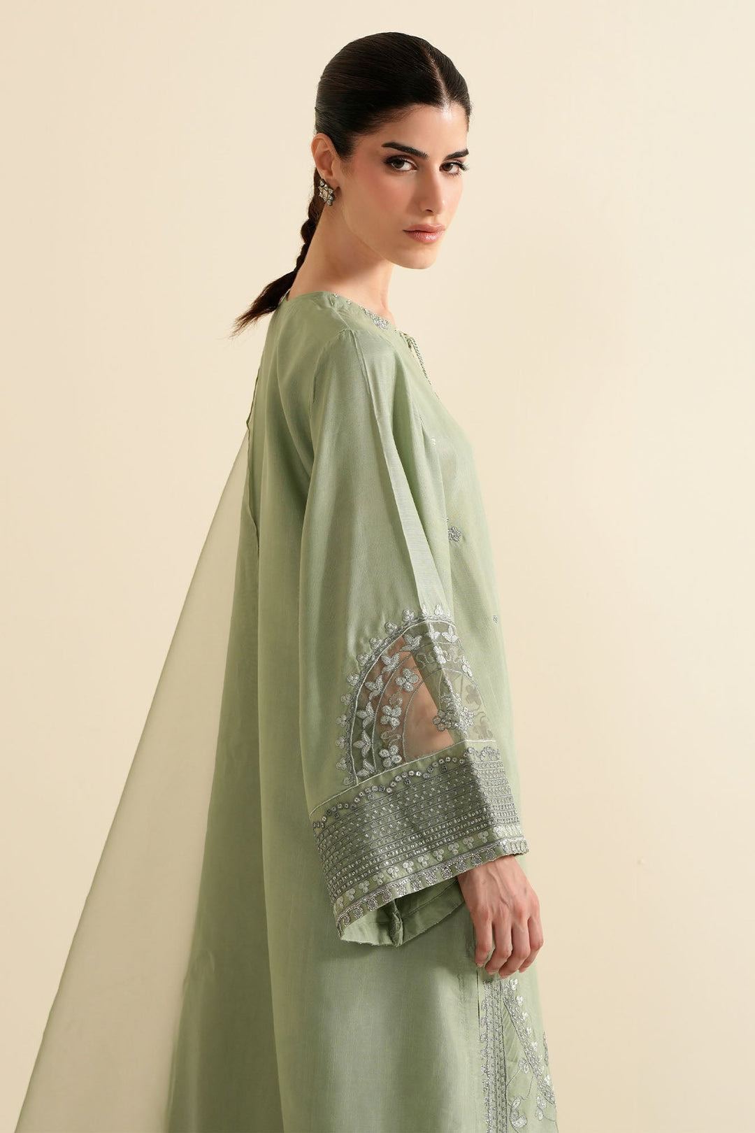 Cross Stitch - Raw Silk Silver Sage Suit For Women - Green - 3 Piece - Studio by TCS