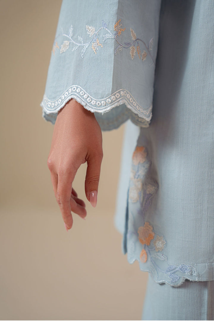 Cross Stitch - Frost Blue Cotton Suit For Women - Blue - 2 Piece