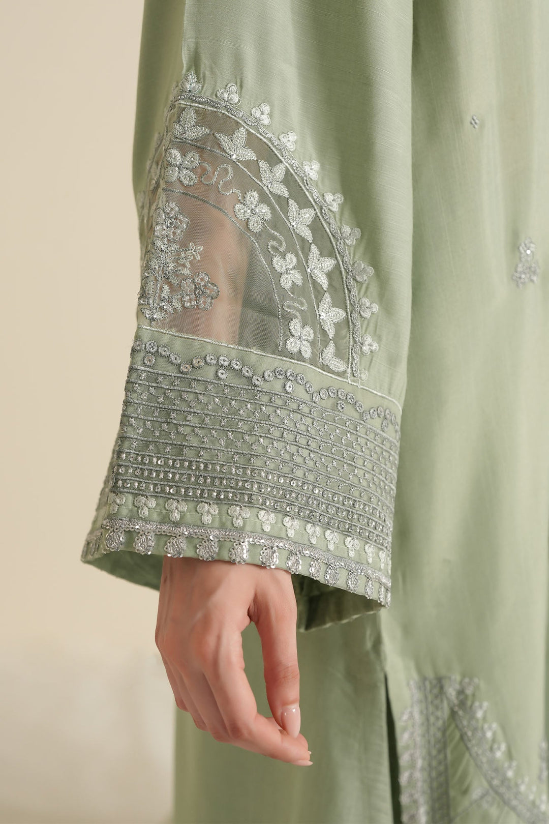 Cross Stitch - Raw Silk Silver Sage Suit For Women - Green - 3 Piece - Studio by TCS
