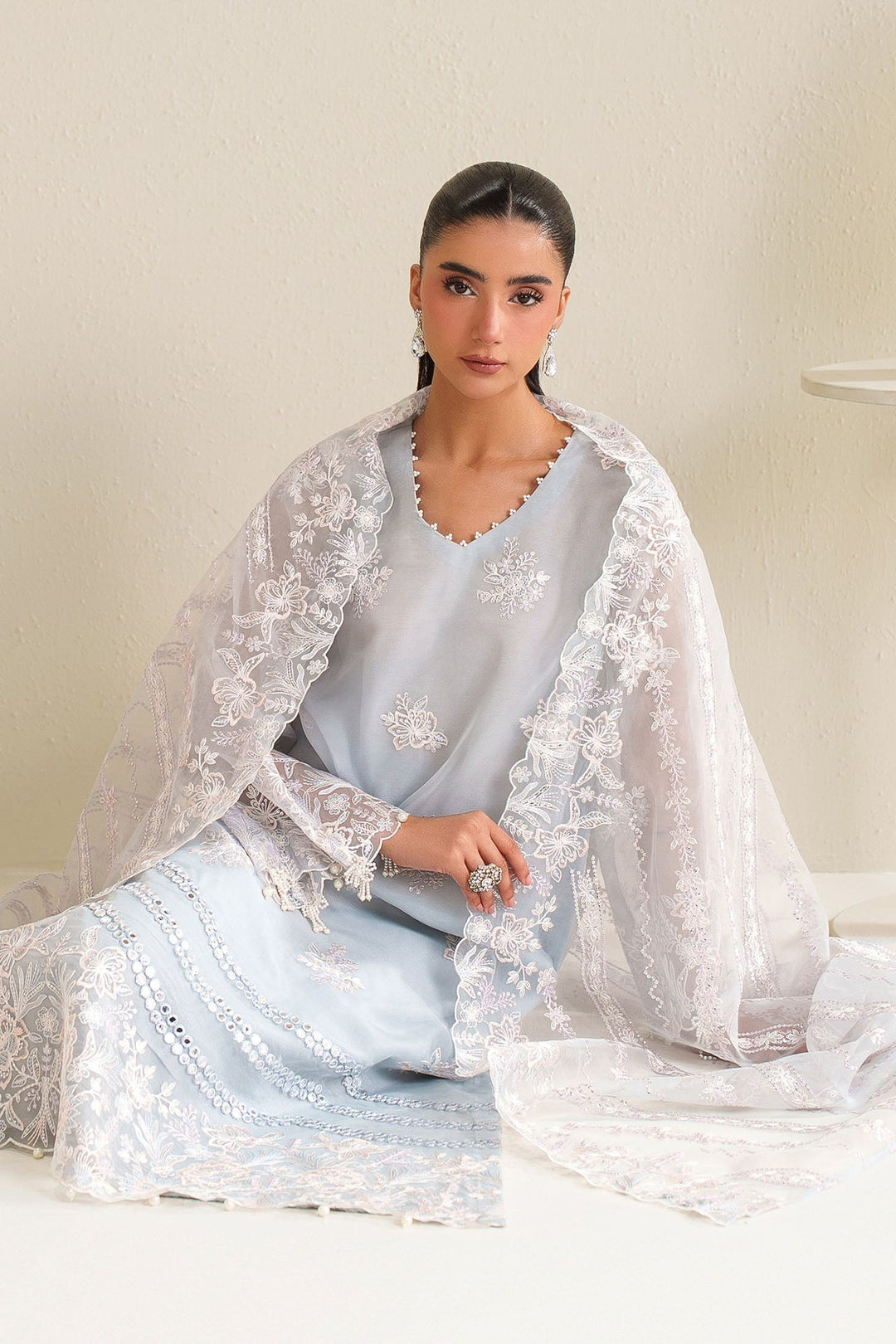 Cross Stitch - Ice Blue Charm Organza Unstitch Suit For Women - 4 Piece - Studio by TCS