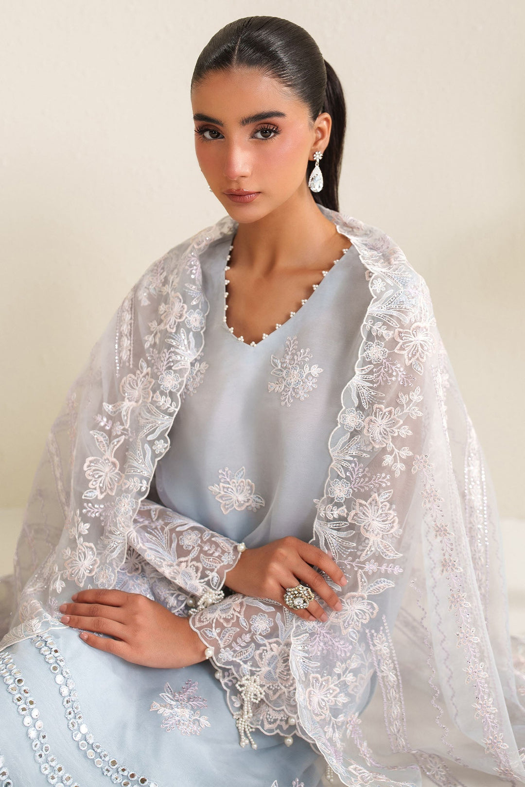 Cross Stitch - Ice Blue Charm Organza Unstitch Suit For Women - 4 Piece - Studio by TCS