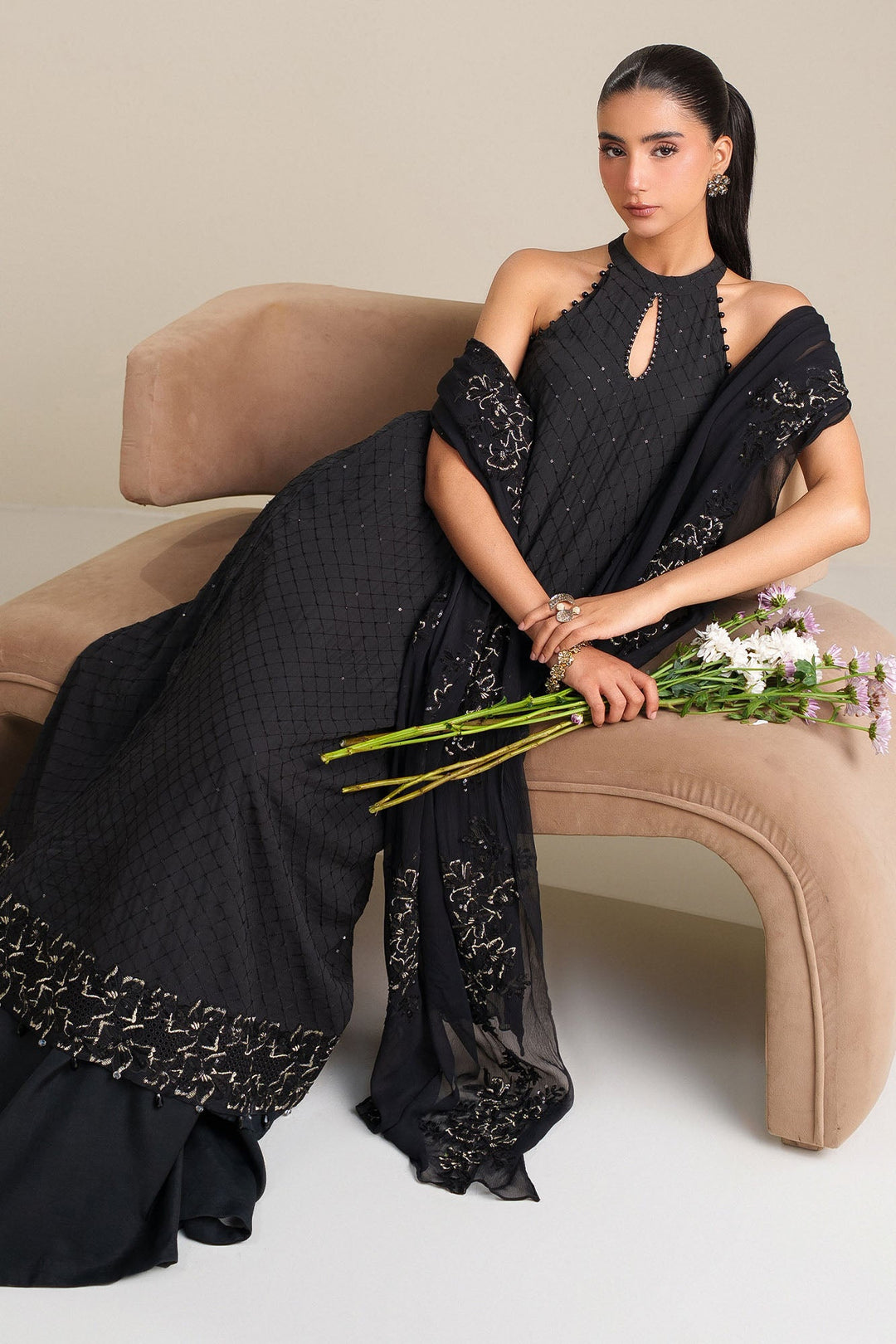 Cross Stitch - Noir Grace Chiffon Unstitch Suit For Women - 4 Piece - Studio by TCS