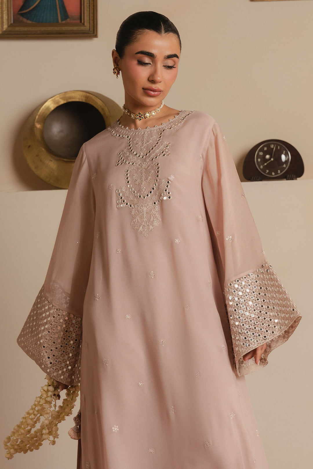 Cross Stitch - Moonlit Sand Chiffon Suit For Women - Beige - 2 Piece