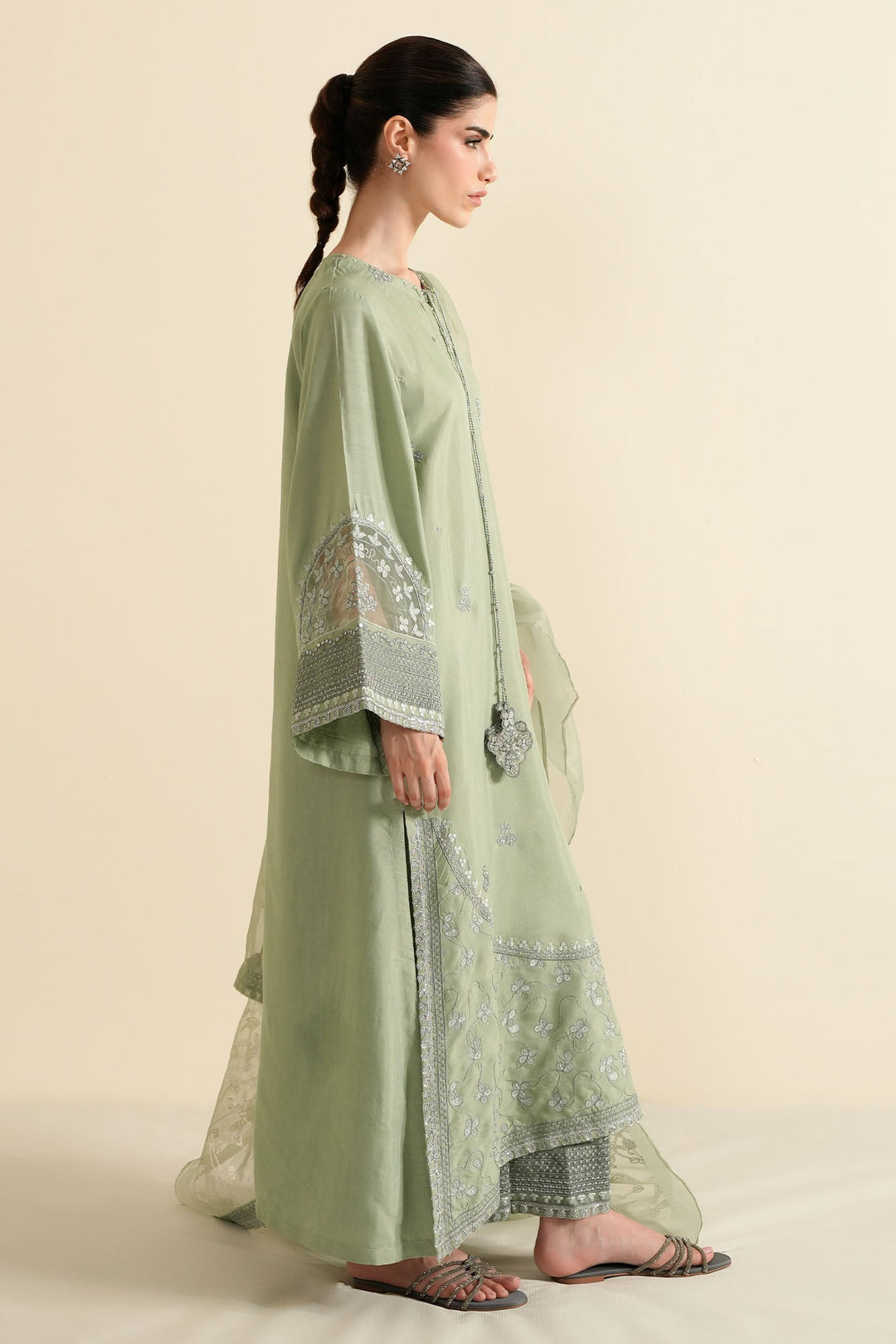 Cross Stitch - Raw Silk Silver Sage Suit For Women - Green - 3 Piece - Studio by TCS