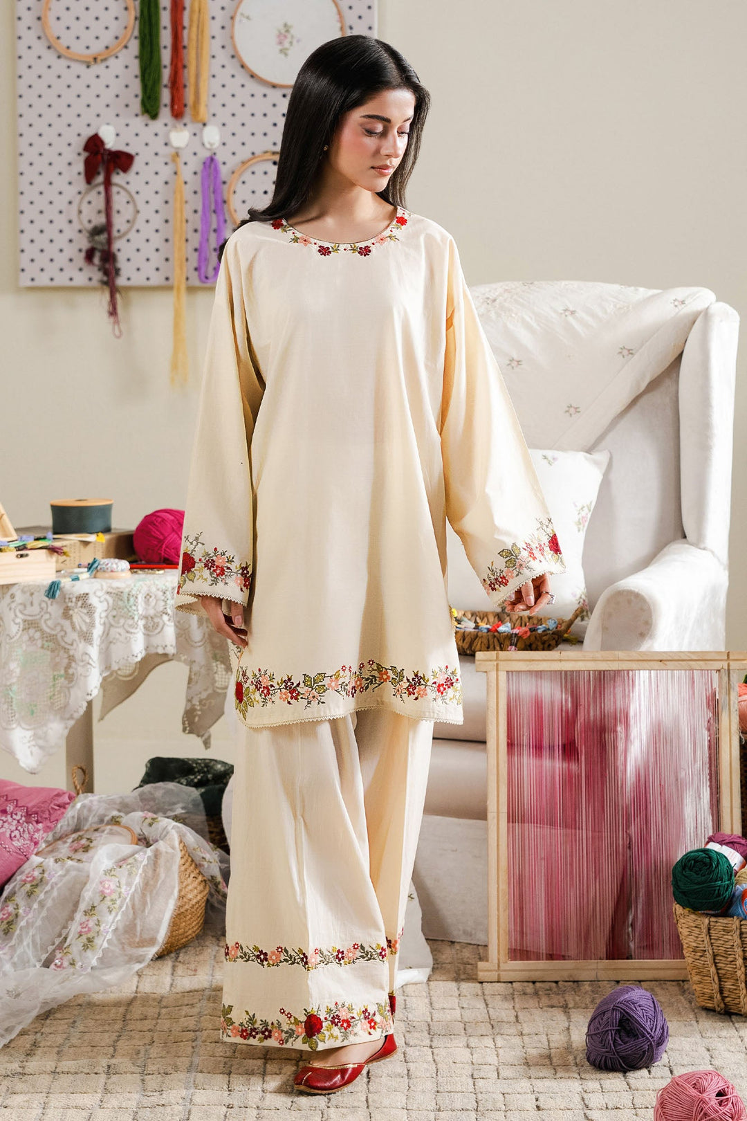 Cross Stitch - Beige Blossom Cambric Suit For Women - Beige - 2 Piece - Studio by TCS