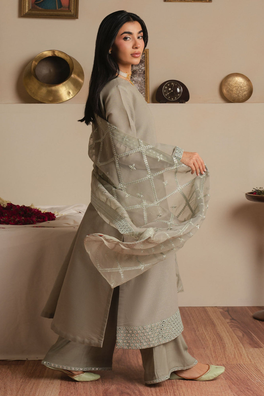 Cross Stitch - Mint Glow Fancy Yarn Suit For Women - Green - 3 Piece
