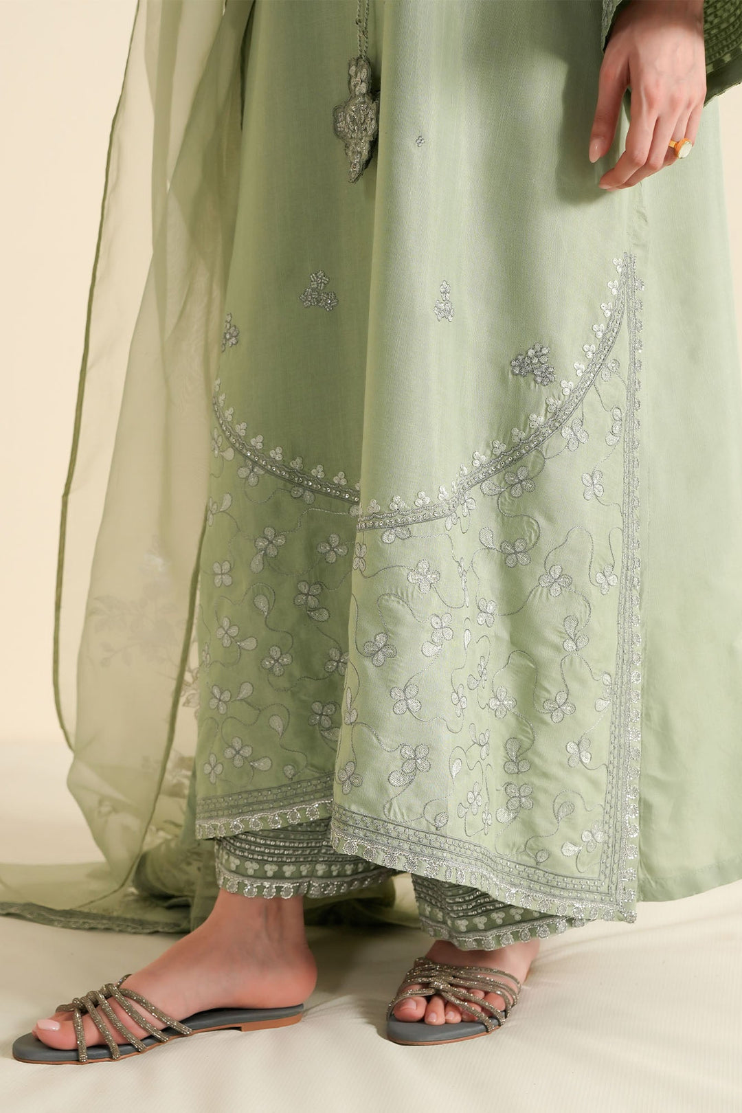 Cross Stitch - Raw Silk Silver Sage Suit For Women - Green - 3 Piece - Studio by TCS