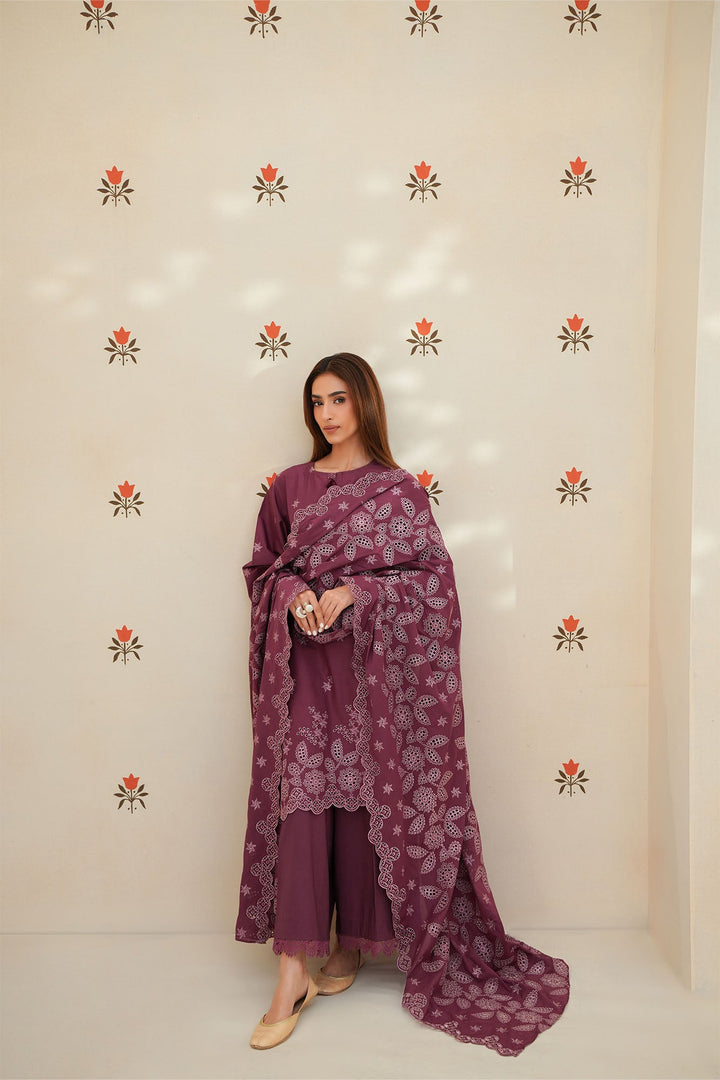Cross Stitch - Plum Luxe Chikankari Lawn Unstitch Suit For Women - 3 Piece