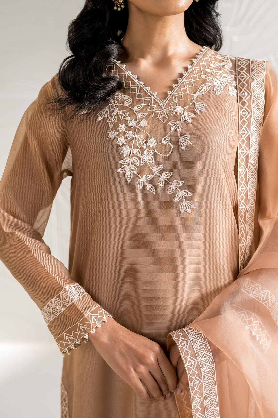 Cross Stitch - Cotton Ivory Dune Suit For Women - Brown - 2 Piece - Studio by TCS