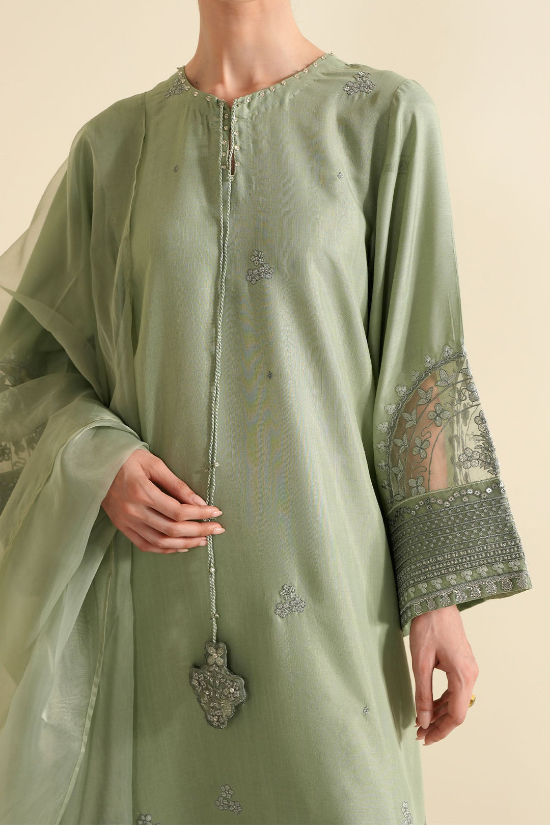 Cross Stitch - Raw Silk Silver Sage Suit For Women - Green - 3 Piece - Studio by TCS