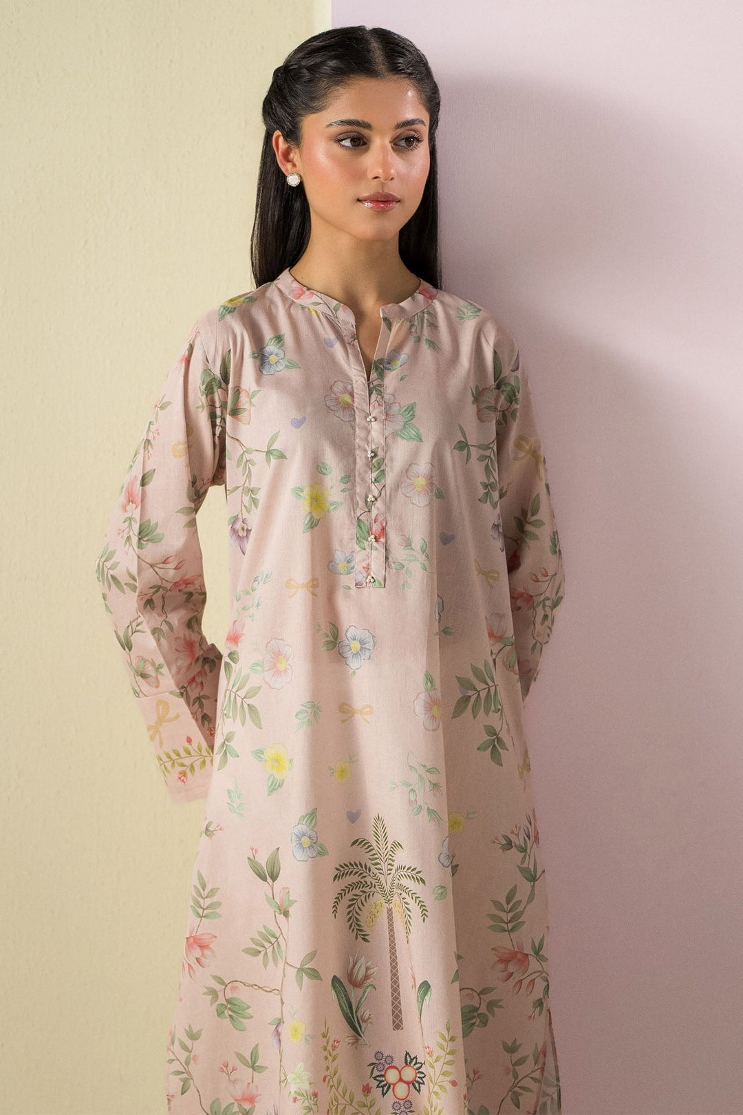 Cross Stitch - Lawn Palm Haze Printed Shirt For Women - Peach - 1 Piece - Studio by TCS