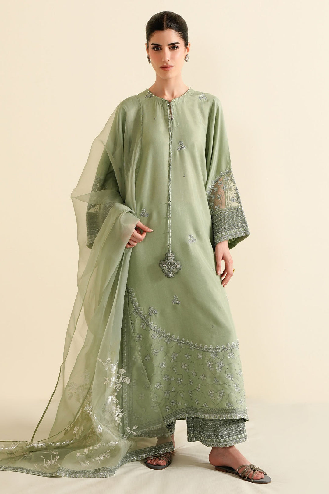 Cross Stitch - Raw Silk Silver Sage Suit For Women - Green - 3 Piece - Studio by TCS
