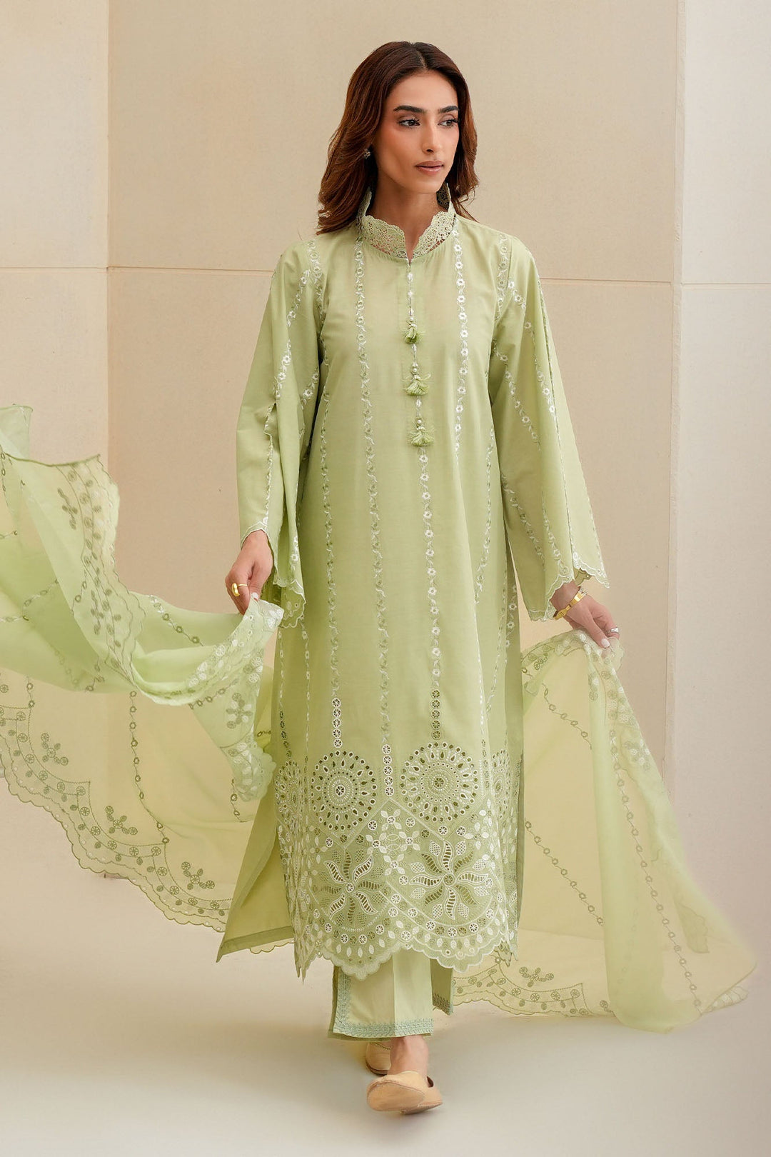 Cross Stitch - Sage Silk Chikankari Lawn Unstitch Suit For Women - 3 Piece