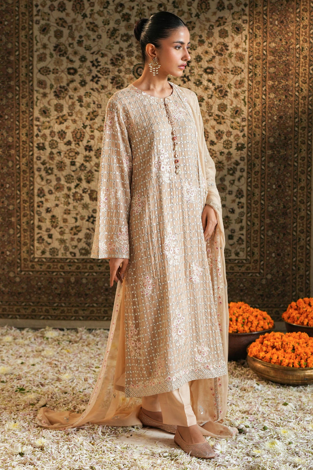 Cross Stitch - Chiffon Rose Quartz  Suit For Women - Peach - 2 Piece - Studio by TCS