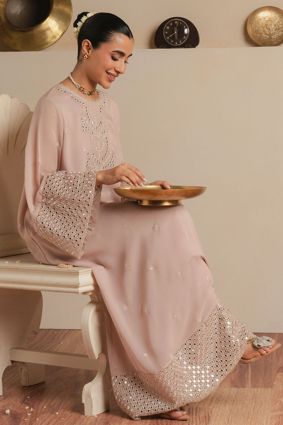 Cross Stitch - Moonlit Sand Chiffon Suit For Women - Beige - 2 Piece