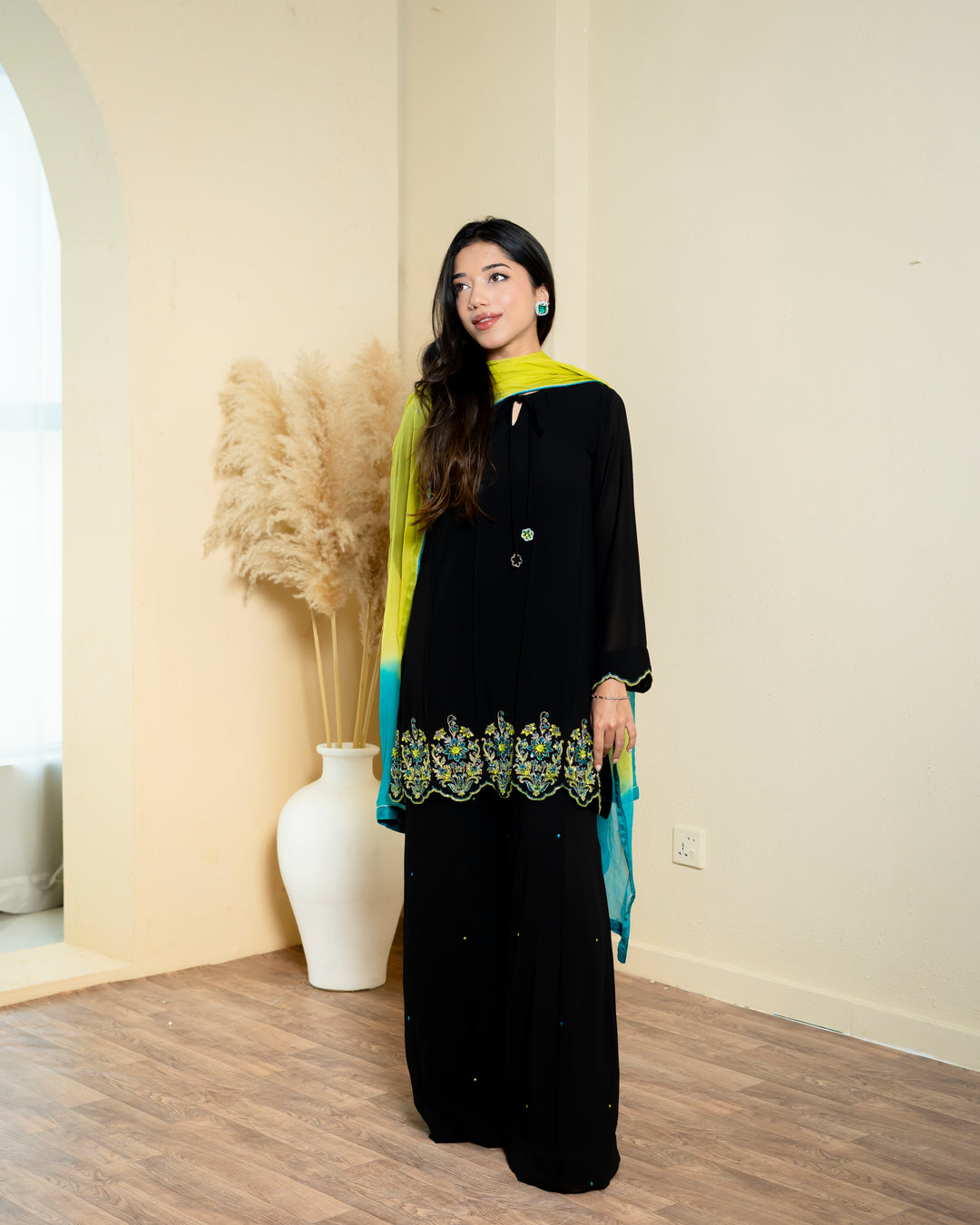 Urooj Atelier - Georgette Chiffon Suit For Women - Black - 3 Piece
