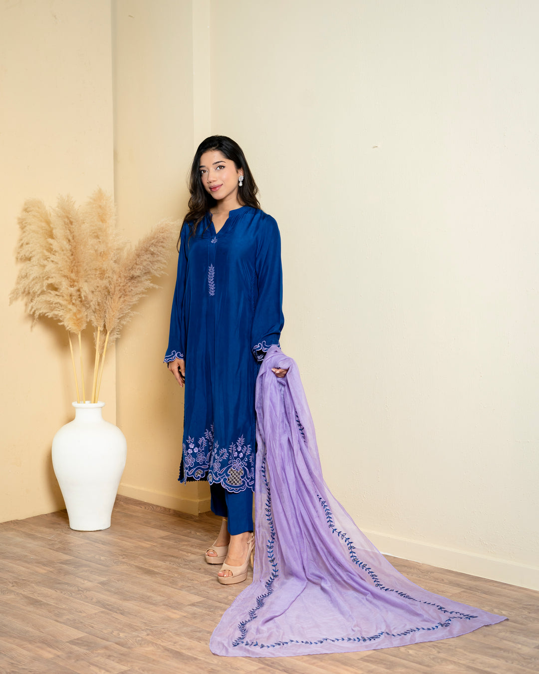 Urooj Atelier - Khaadi Silk Suit For Women - Ink Blue - 3 Piece