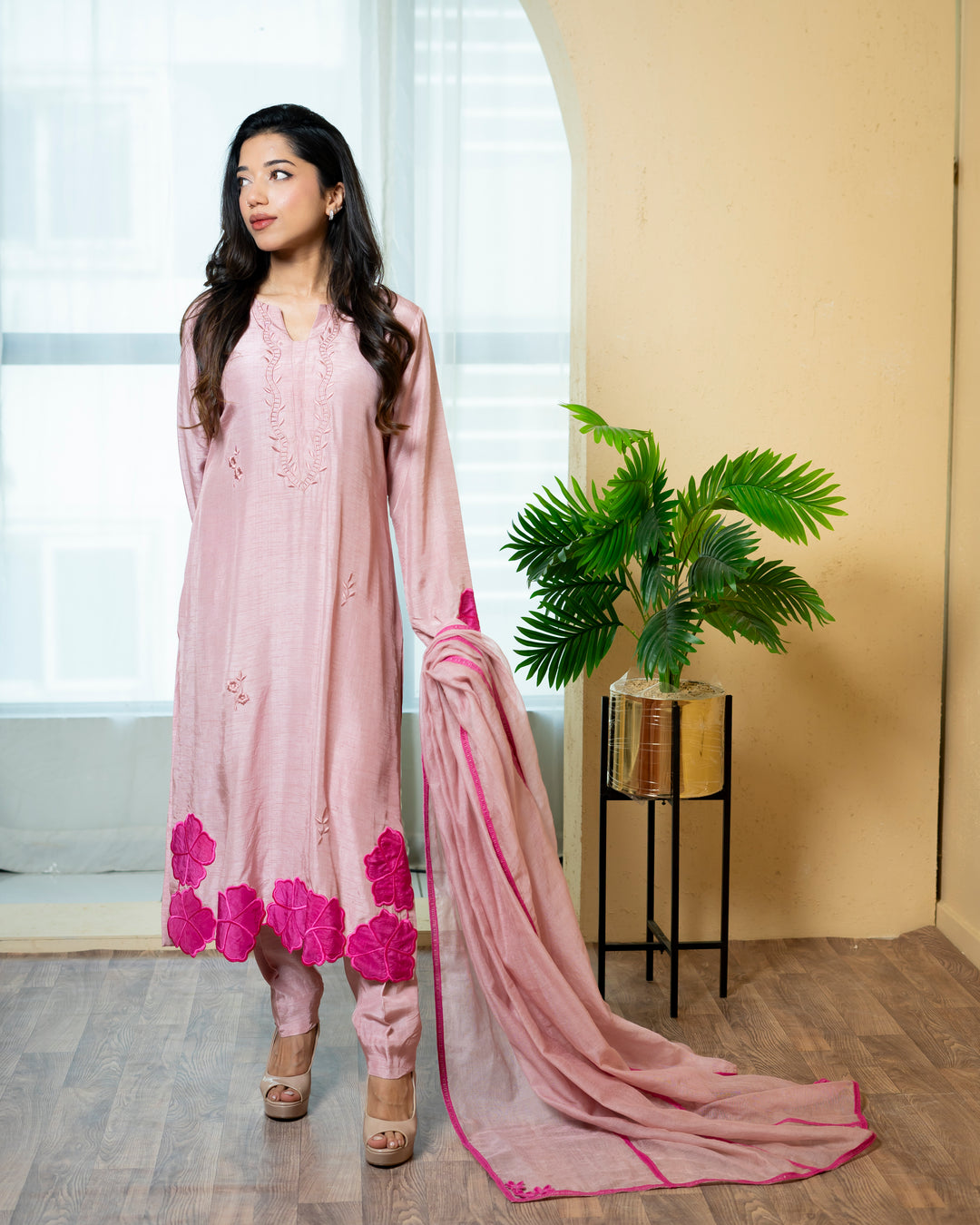 Urooj Atelier - Raw Silk Suit For Women - Blush Pink - 3 Piece