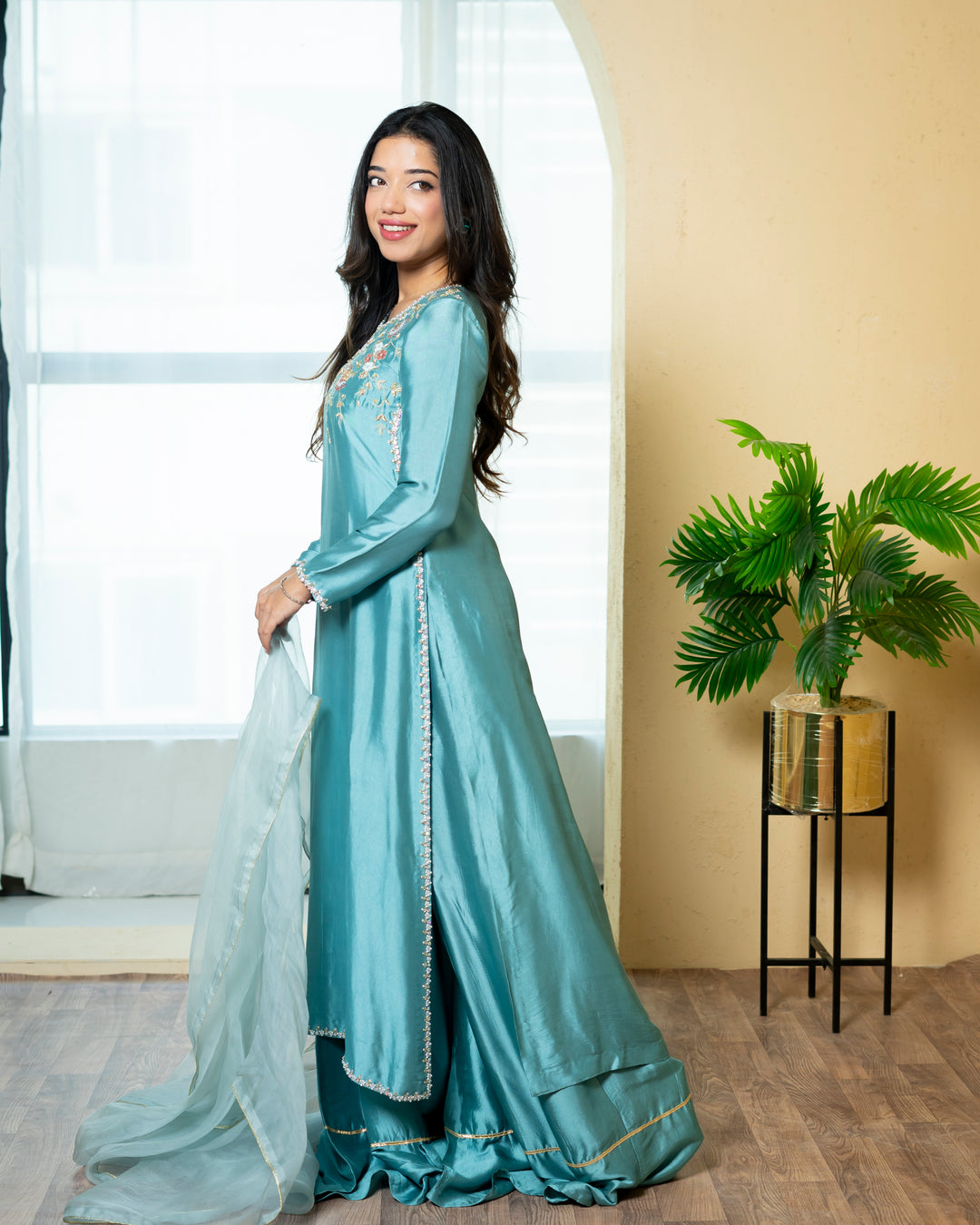 Urooj Atelier - Sheesha Silk Suit For Women - Sea Green - 3 Piece