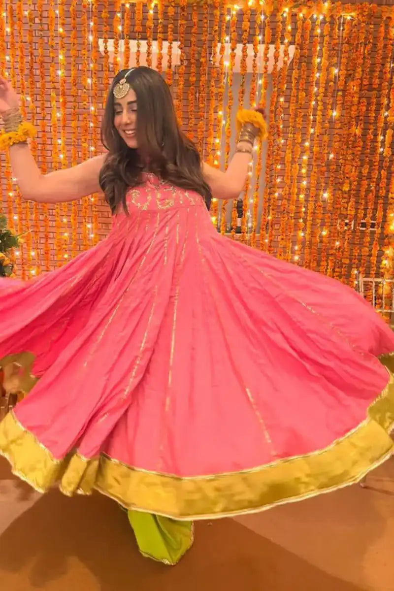 Pinktree - Ushna Shah Outfit - Pink & Citrus Green