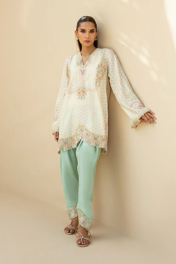 Sania Maskatiya - Vana - Khaddi Corduroy , RawSilk - Ivory and Seafoam - 2 Piece