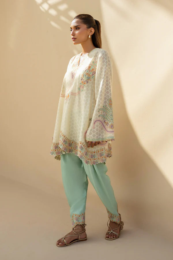 Sania Maskatiya - Vana - Khaddi Corduroy , RawSilk - Ivory and Seafoam - 2 Piece