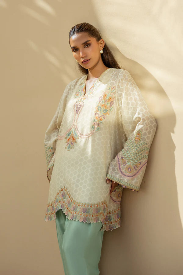 Sania Maskatiya - Vana - Khaddi Corduroy , RawSilk - Ivory and Seafoam - 2 Piece