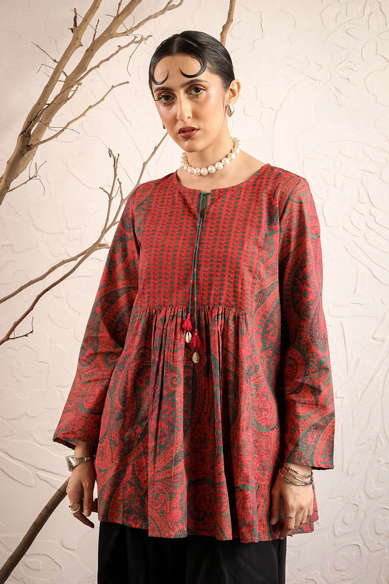 Generation - Print Blocked Boho Paisley Top - Cambric - Green - 1 Piece