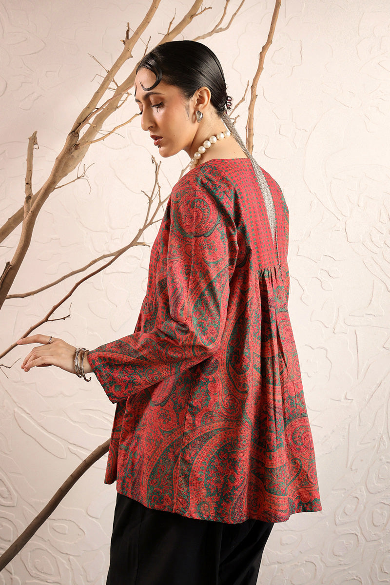 Generation - Print Blocked Boho Paisley Top - Cambric - Green - 1 Piece