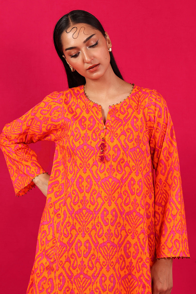 Generation - Printed Timeless Weave Kurta - Cambric - Orange - 1 Piece