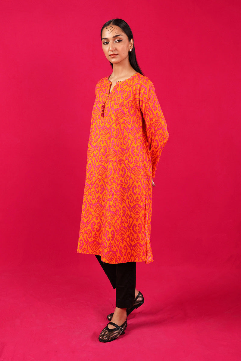Generation - Printed Timeless Weave Kurta - Cambric - Orange - 1 Piece