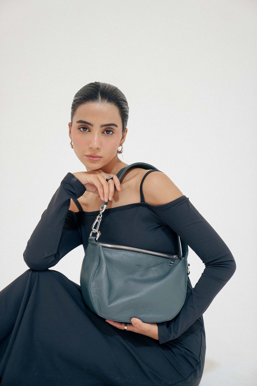 Zahraas Leather Hobo Shoulder Bag dark Teal