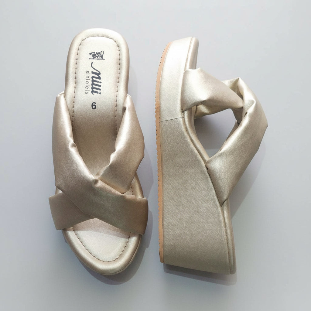 Milli Shoes - Dull Gold Cross Strap Wedge Heels