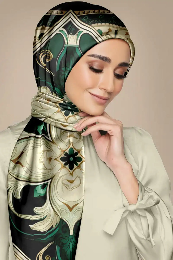Black Wolf - GREEN VINTAGE ART SILK HIJAB - 1 Piece