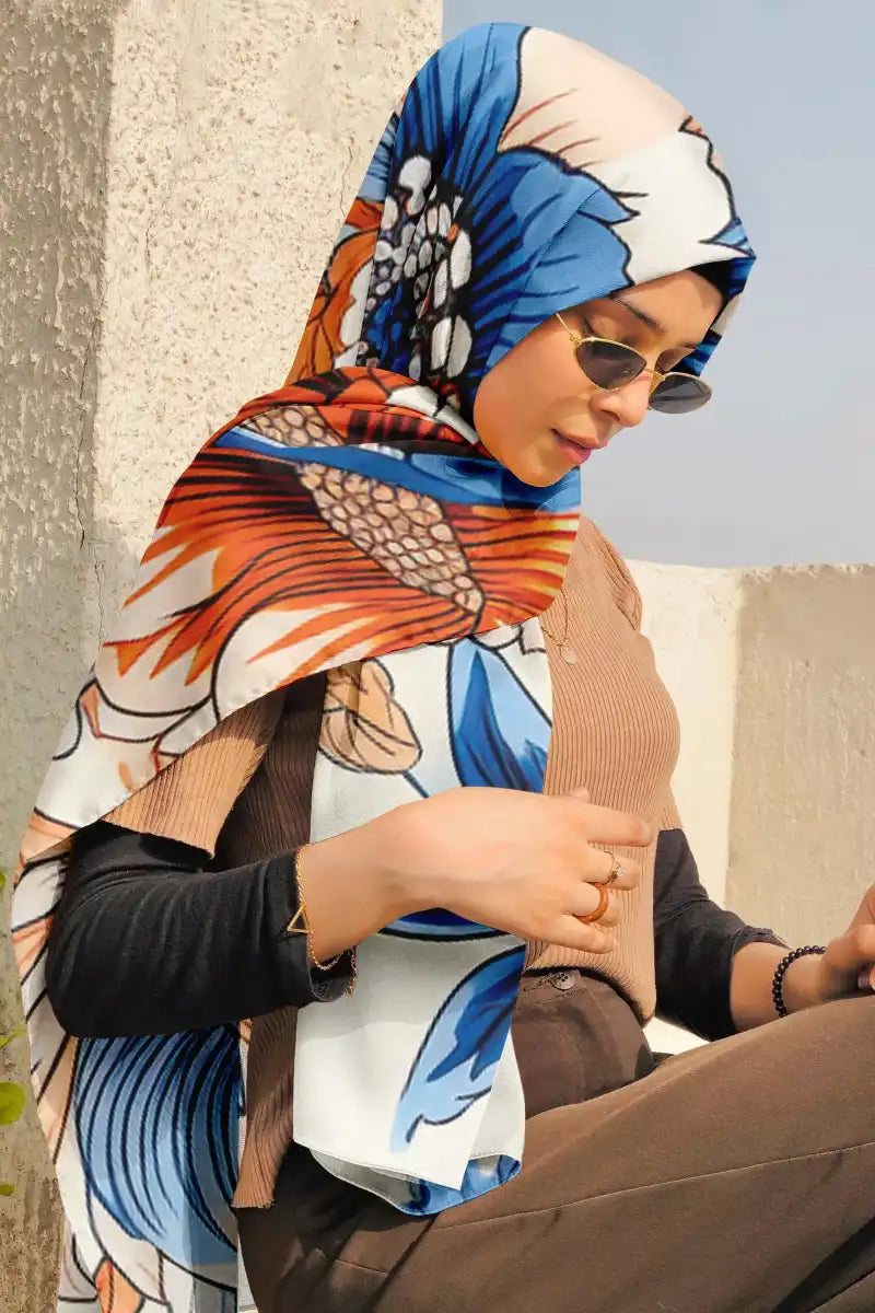 Black Wolf - FOLIAGE ROYALTY SILK HIJAB - OFF WHITE - 1 Piece