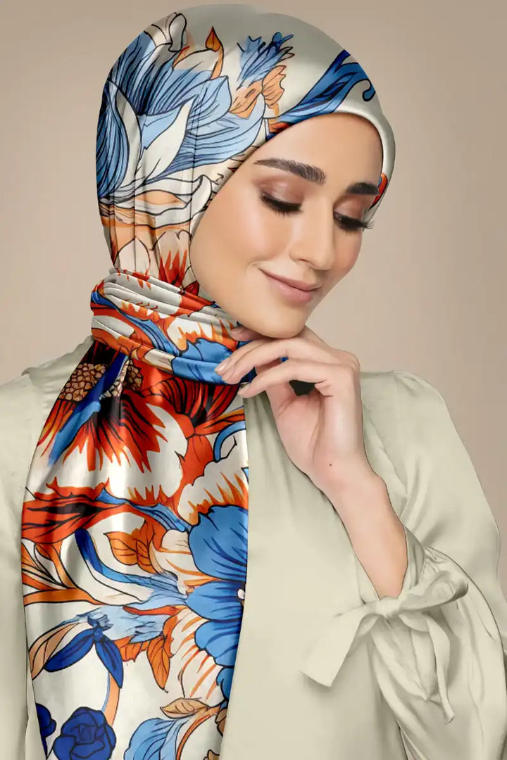 Black Wolf - FOLIAGE ROYALTY SILK HIJAB - OFF WHITE - 1 Piece