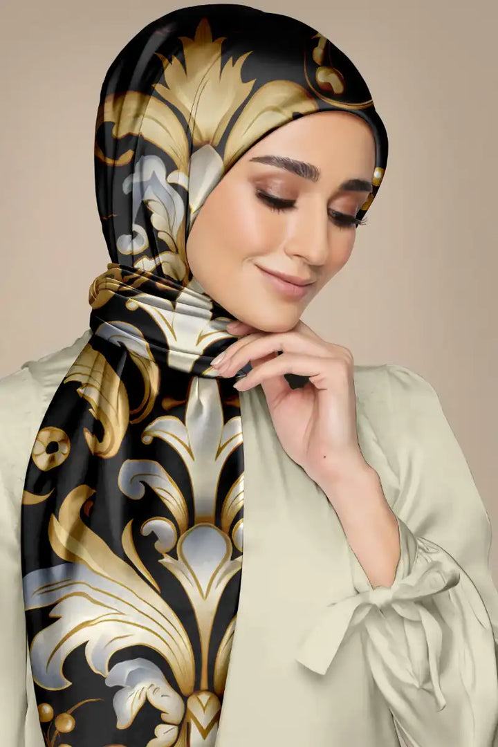 Black Wolf - DAMASK VINTAGE SILK HIJAB - GOLD - 1 Piece