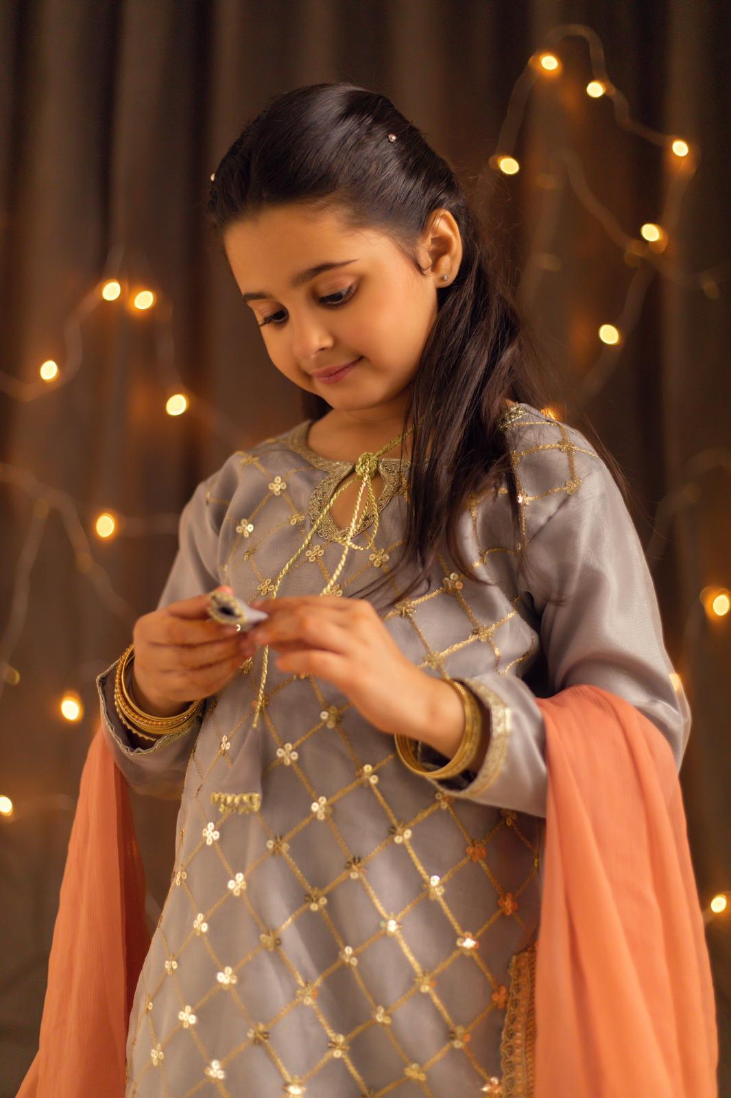 Kidoz Kloset - Grey Gold Grace Embroidered Gharara Set For Girl