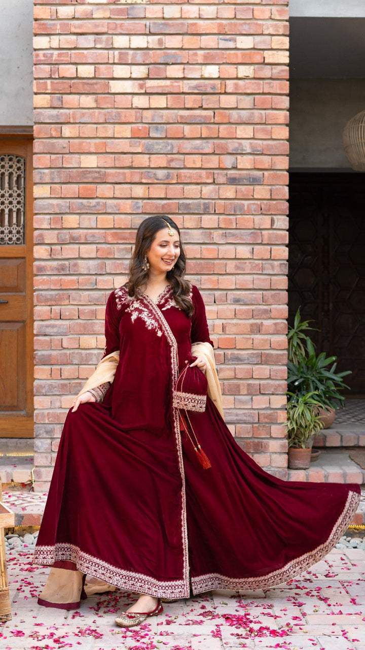 Omal by Komal - Zarmina (Frock & Dupatta) - Maroon - Velvet & Maysuri - 2 Piece