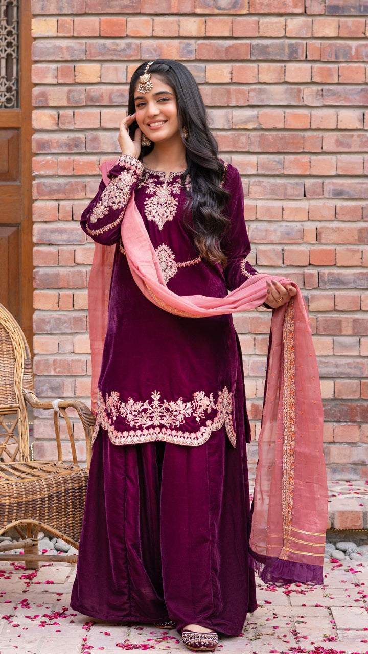 Omal by Komal - Nooray - Plum - Velvet & Maysuri - 3 Piece