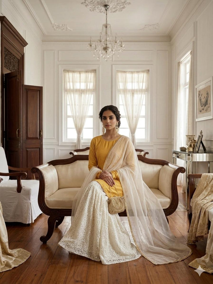 Gulabo - Sunehri Noor Khaddi Net & Banarsi Chiffon Suit For Women - Orchid Yellow - 3 Piece - Studio by TCS