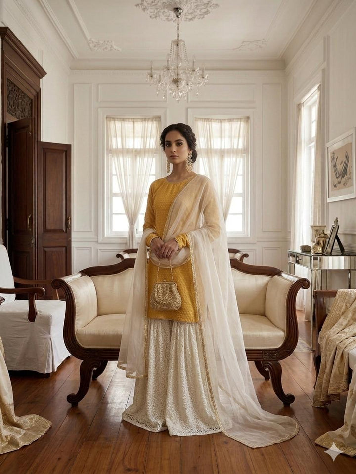 Gulabo - Sunehri Noor Khaddi Net & Banarsi Chiffon Suit For Women - Orchid Yellow - 3 Piece - Studio by TCS