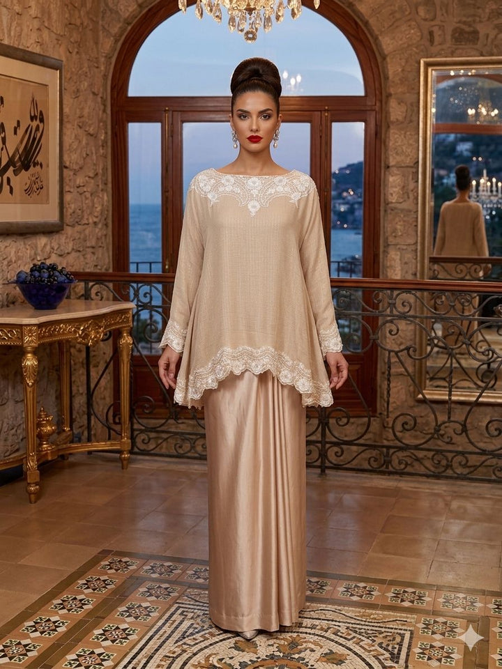 Maheen Khan - Pure Silk Chiffon Sheherzaad Set For Women - Beige - 2 Piece - Studio by TCS