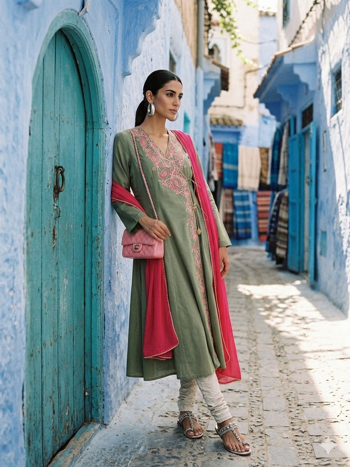 Gulabo - Cotton Swiss Lawn Bloom Kaftan For Women - Olive - 3 Piece - Studio by TCS